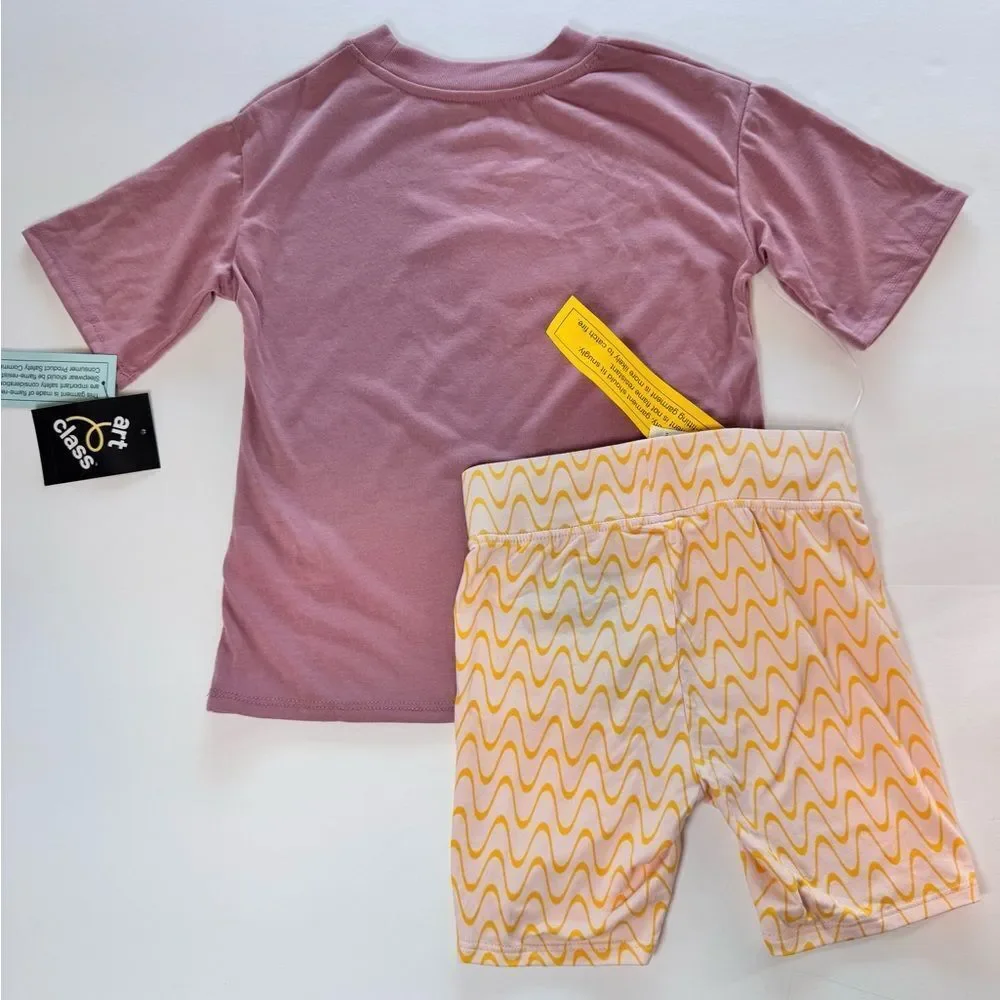 Art Class Girls Purple Tee and Yellow Wave Shorts Pajama Set Size 6